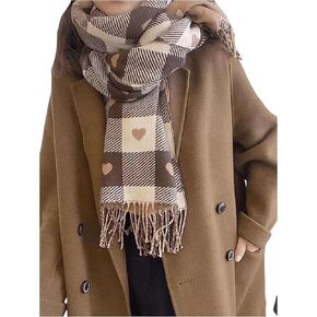 Floerns Women's Heart Print Plaid Fringe Trim Scarf Fall Casual Tassel Cute Scarves