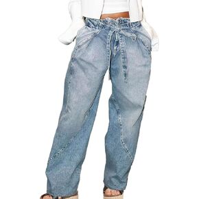 Flamingals Straight Leg High Waist Baggy Drawstring Wash Stitch Detail Trendy Jeans with Belt