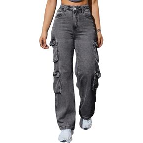 Kedera Women High Waist Denim Jeans Casual Pants Boyfriend Wide Leg Cargo Parachute Baggy Pants Trousers Streetwear