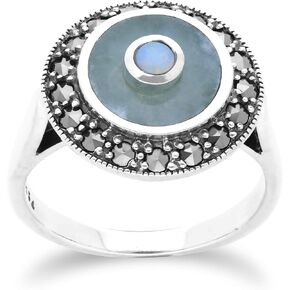 Sterling Silver Marcasite Ring with Round Opal 3 mm and Jadeite Cabochon 9.25 mm Statement Ring Size 6, 7, 8, and 9 Vintage Art Deco Inspired Design for Women October Birthstone Band Ring