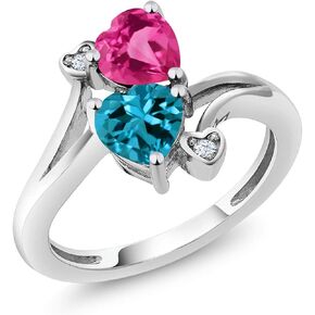 Gem Stone King 10K White Gold Pink Created Sapphire and London Blue Topaz Heart Shape Ring For Women | 1.78 Cttw | Gemstone Birthstone | Available In Size 5, 6, 7, 8, 9)
