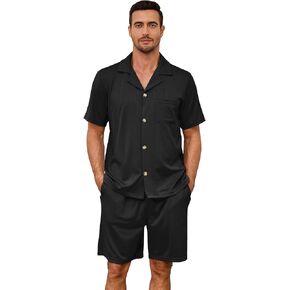 Men Pajama Set, Button up Sleepwear Short Sleeve Pjs Soft Lapel Loungewear with Pockets