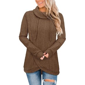 Bulotus Womens Cowl Neck Sweaters Lightweight Warm Tunic Tops for Women Loose Fit Dressy Tulip Hem