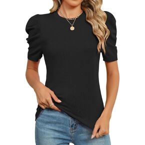 AKEWEI Puff Short Sleeve Sweater for Women Tops Trendy Fall 2025 Business Casual Outfits Knit Crewneck Shirt Blouses