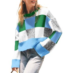 Saodimallsu Womens Checkered Sweater Cropped Oversized Trendy Fall Crew Neck Color Block Pullover Sweaters