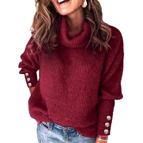 Women's Oversized Turtleneck Sweaters Fall 2024 Dressy Casual Ribbed Knit Button Long Sleeve Pullover Sweater