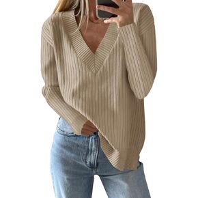 Saodimallsu Womens V Neck Sweater 2024 Fall Oversized Ribbed Knit Trendy Slit Casual Loose Fit Long Sleeve Pullover Top