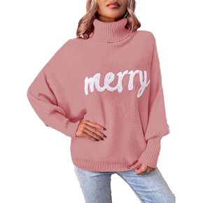 Christmas Sweaters for Women Long Sleeve Turtleneck Letter Embroidery Pullover Casual Knit Tops Jumper