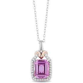 Jewelili Enchanted Disney Fine Jewelry Sterling Silver and 10K Rose Gold 1/6 Cttw Diamond Pink Sapphire Aurora Pendant