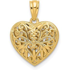 Solid 14k Gold Two-Tone Reversible Filigree Heart Pendant (14mm x 18mm)
