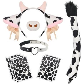 HODRME 9 PCS Cow Ears and Tail Set-Cow Headband with Collar Nose Tail Halloween Christmas Cosplay Costume Accessories