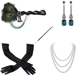 1920s Flapper Accessories Set for Women, Roaring 20s Great Gatsby Feather Headband Accessories for Weeding Bride Green