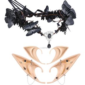 MOSTORY Black Renaissance Accessory Set - Dark Fairy Crown and Gothic Pierced Elf Ears Butterfly Crown Elf Ears Set for Renfaire Costume Set Women Halloween Accessory Witch Aesthetic Cosplay
