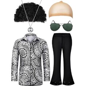 Mepase 6 Pcs Men 70s Disco Costumes Include Floral Shirt Bell Bottom Pants Sunglasses Wig Necklace Wig Cap for Disco Party