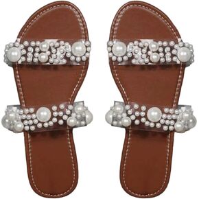 Verdusa Women's Pearls Clear Flat Sandals Open Toe Slip On Slides