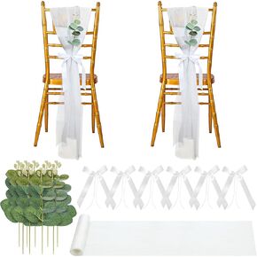 26 Sets of Wedding Aisle Decorations, White Tulle Chair Sashes with Bow Ribbons and Artificial Eucalyptus Stems for Church Pews, Wedding Ceremony Chair Decor