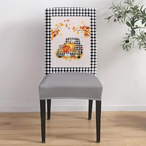 OUR DREAMS 6 Per Set Thanksgiving Fall Chair Covers for Dining Room/Kitchen/Hotel/Ceremony, Black Checkered Truck Pumpkin Autumn Leaf Soft Stretch Chair Protectors Removable Washable Slipcovers