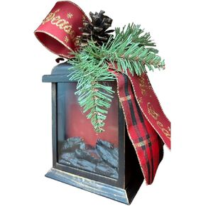 LED Lantern - Faux Fireplace Lantern - Christmas Decor Lantern - Red/Green Ribbon