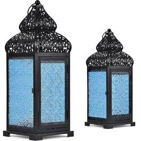 CVHOMEDECO. Decorative Candle Lantern Moroccan Lanterns Rustic Black Metal Lantern Holder for Home Patio Outdoor Decor. Blue Glass, Set of 2