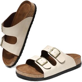 Yozuru Womens Flat Sandals Cork Footbed Slides with Arch Support Adjustable Buckle Slip on Slides Summer Open Toe Beach Sandals