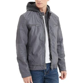 RISISSIDA Men's Faux Leather Bomber Jacket for Fall Winter and Spring, Warm Double Zipper Up Coat with Detachable Hood