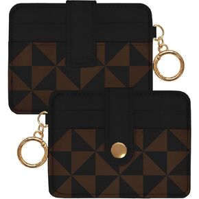 Slim Wallet for Women Ladies Teen Girls Female Credit Card Holder Cute Aesthetic Unique Modern RFID Checkered Cardholder Keychain, Black Black Brown
