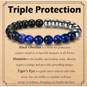 Triple Protection Bracelet for Men Gifts Black Obsidian Hematite Tiger Eye Bracelet Gifts for Birthday Inspirational Christmas Fathers Day