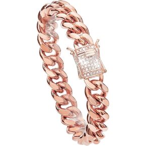 Cuban Link Chain Necklace or Bracelet with Bling Bling Cubic Zirconia Iced-Out Clasp for Men 10mm/14MM Rose Gold Stainless Steel Hip Hop Miami Curb Chains 7.5-30 inch