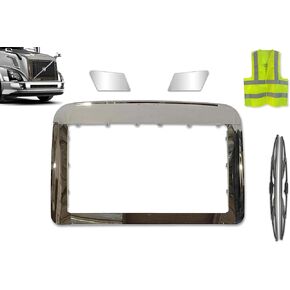 Kozak Volvo VNL 2004-2017 Semi Truck Chrome Steel Bug Shield Wind Deflector with Volvo Grille Emblem and Stripe, Behind The Headlight Chrome Trim Set, 2X Wiper Blades and Kozak Vest