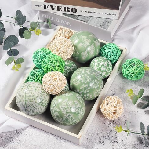 18 قطعة من uiifan من البورسلين المزخرف باللون الأخضر والأبيض والأخضر والأزرق والأبيض، مجموعة من كرات حبل الروطان المصنوعة من الخيزران، كرات حشو وعاء مزهرية، كرات معلقة لقطع عيد الميلاد المركزية، حديقة المنزل وحفلات الزفاف in Kuwait