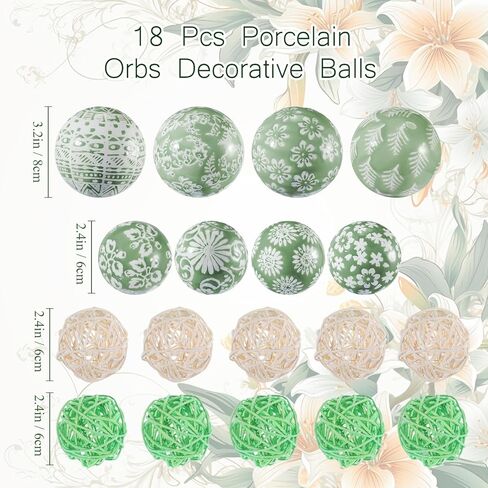 18 قطعة من uiifan من البورسلين المزخرف باللون الأخضر والأبيض والأخضر والأزرق والأبيض، مجموعة من كرات حبل الروطان المصنوعة من الخيزران، كرات حشو وعاء مزهرية، كرات معلقة لقطع عيد الميلاد المركزية، حديقة المنزل وحفلات الزفاف in Kuwait