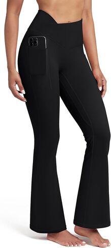 QUEENIEKE Crossover Flare Leggings with Pockets for Women, High Waisted 30" Seamless Front Squat Proof Yoga Pants Wide Legs in Saudi Arabia