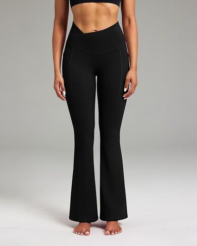 QUEENIEKE Crossover Flare Leggings with Pockets for Women, High Waisted 30" Seamless Front Squat Proof Yoga Pants Wide Legs in Saudi Arabia