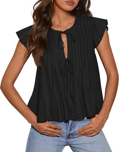 BTFBM Women Summer Casual Shirt 2025 Resort Outfits Ruffle Cap Sleeve Front Bow Tie Tops Loose Flowy Beach Blouse Shirts in Saudi Arabia
