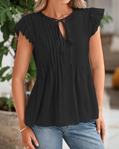 BTFBM Women Summer Casual Shirt 2025 Resort Outfits Ruffle Cap Sleeve Front Bow Tie Tops Loose Flowy Beach Blouse Shirts in Saudi Arabia