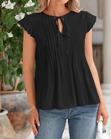 BTFBM Women Summer Casual Shirt 2025 Resort Outfits Ruffle Cap Sleeve Front Bow Tie Tops Loose Flowy Beach Blouse Shirts in Saudi Arabia