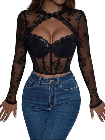 OYOANGLE Women's Contrast Lace Long Sleeve Stand Collar Cut Out Front Tops Slim Fit Sheer Crop Tops in Saudi Arabia