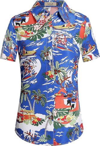 SSLR Womens Button Down Shirts Santa Claus Short Sleeve Blouse Hawaiian Christmas Shirts for Women in Kuwait