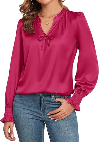 ZAFUL Womens Going Out Satin Tops 2025 Vintage Cute Bow V Neck Silky Blouse Y2K Puff Sleeve Work Shirts in Saudi Arabia