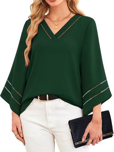 Lotusmile Women Fashion V Neck Chiffon Blouses 3/4 Bell Sleeve Shirts Casual Dressy Work Tops in Kuwait