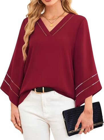 Lotusmile Women Fashion V Neck Chiffon Blouses 3/4 Bell Sleeve Shirts Casual Dressy Work Tops in Kuwait