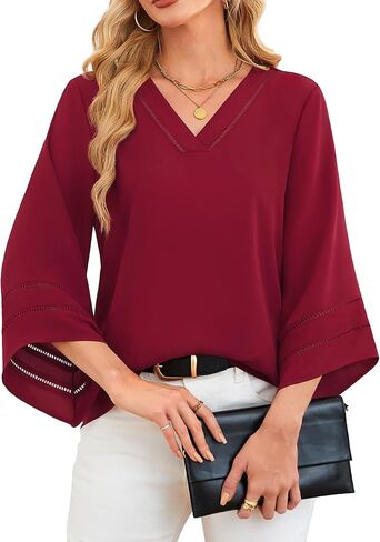 Lotusmile Women Fashion V Neck Chiffon Blouses 3/4 Bell Sleeve Shirts Casual Dressy Work Tops in Kuwait