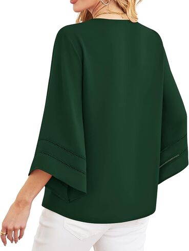 Lotusmile Women Fashion V Neck Chiffon Blouses 3/4 Bell Sleeve Shirts Casual Dressy Work Tops in Kuwait