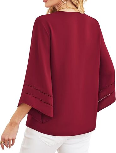 Lotusmile Women Fashion V Neck Chiffon Blouses 3/4 Bell Sleeve Shirts Casual Dressy Work Tops in Kuwait