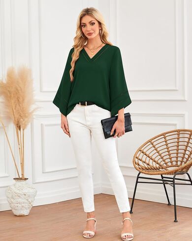 Lotusmile Women Fashion V Neck Chiffon Blouses 3/4 Bell Sleeve Shirts Casual Dressy Work Tops in Kuwait