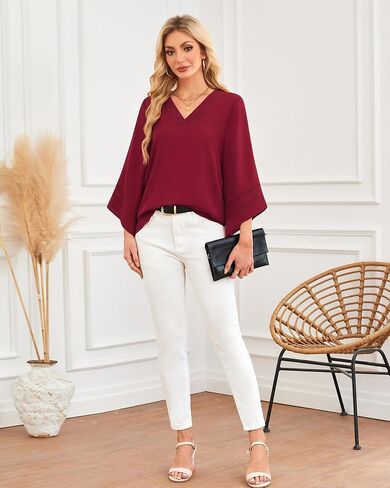 Lotusmile Women Fashion V Neck Chiffon Blouses 3/4 Bell Sleeve Shirts Casual Dressy Work Tops in Kuwait