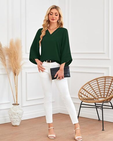 Lotusmile Women Fashion V Neck Chiffon Blouses 3/4 Bell Sleeve Shirts Casual Dressy Work Tops in Kuwait