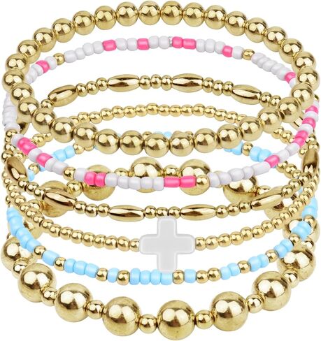 18K Gold Beaded Bracelets For Women: Gold Bead Stretch Bracelets For Women - Gold Plated Beaded Bracelets Non Tarnish - Gold Bracelet with Cross Charm - Tarnish Free Gold Beaded Bracelets Small Wrist in Kuwait