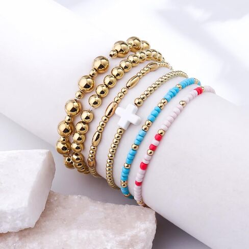 18K Gold Beaded Bracelets For Women: Gold Bead Stretch Bracelets For Women - Gold Plated Beaded Bracelets Non Tarnish - Gold Bracelet with Cross Charm - Tarnish Free Gold Beaded Bracelets Small Wrist in Kuwait