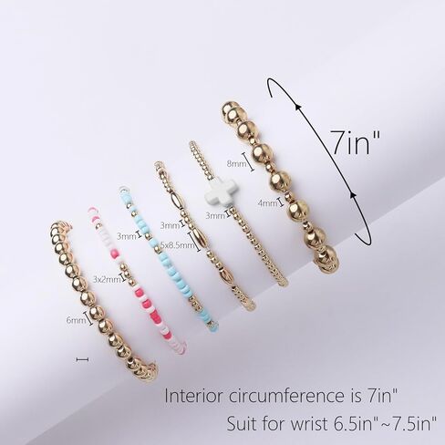 18K Gold Beaded Bracelets For Women: Gold Bead Stretch Bracelets For Women - Gold Plated Beaded Bracelets Non Tarnish - Gold Bracelet with Cross Charm - Tarnish Free Gold Beaded Bracelets Small Wrist in Kuwait